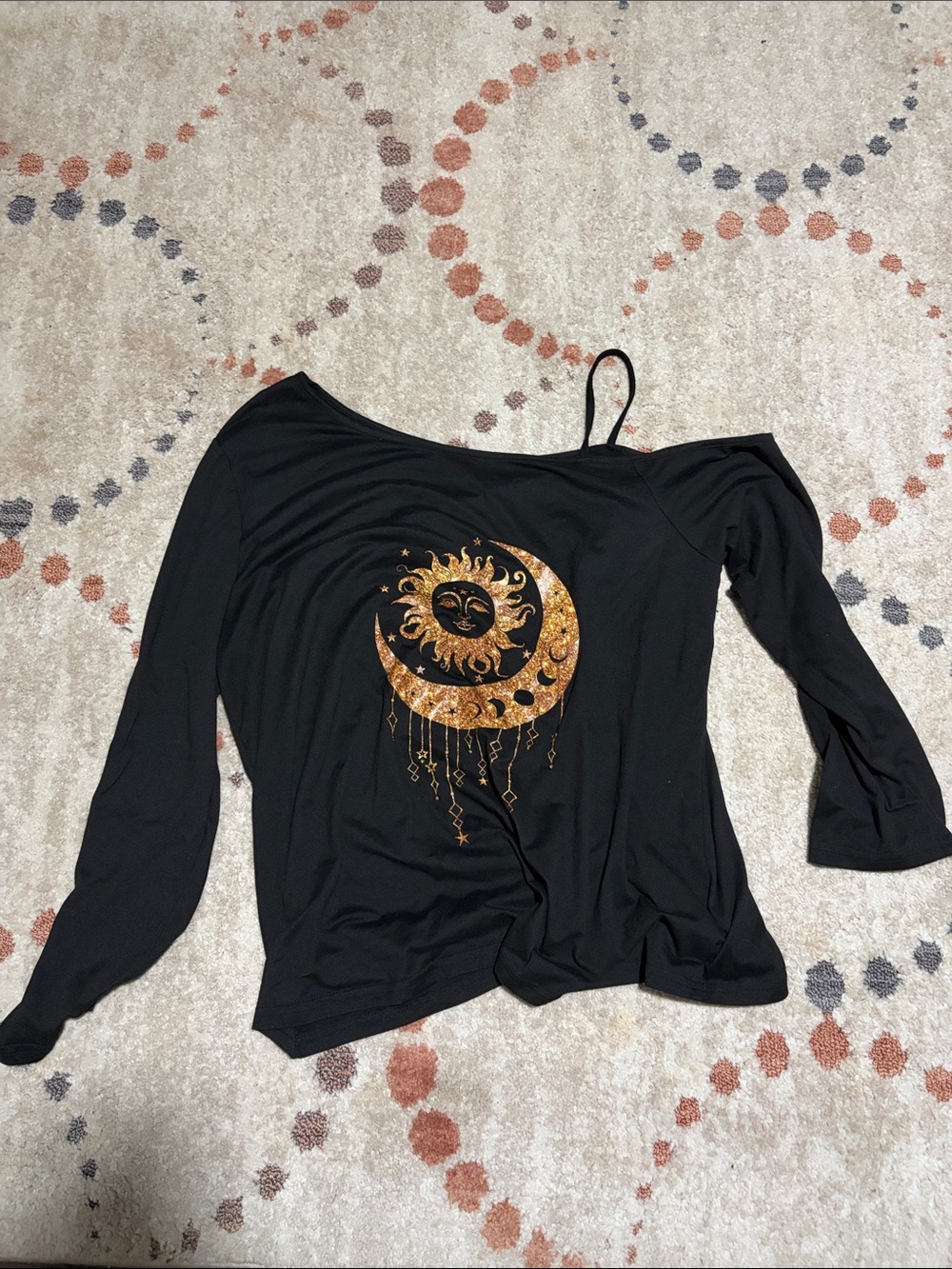 Black Off-Shoulder Long Sleeve Top with Gold Moon & Sun Graphic